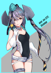 Rule 34 | 1girl, aqua hat, black one-piece swimsuit, black ribbon, candy, character name, commentary request, competition swimsuit, cowboy shot, food, garrison cap, gloves, grey eyes, grey hair, hair ornament, hair ribbon, hat, headgear, highleg, highleg swimsuit, highres, holding, holding candy, holding food, kantai collection, lollipop, long hair, looking at viewer, makibane (mkbane), one-piece swimsuit, ribbon, scamp (kancolle), short shorts, shorts, side ponytail, solo, star (symbol), star hair ornament, swimsuit, white gloves, white shorts