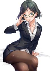 Rule 34 | 10s, 1girl, adjusting eyewear, arm support, arm up, black hair, black jacket, black skirt, blue eyes, breasts, brown pantyhose, buttoned cuffs, buttons, cleavage, closed mouth, collarbone, collared shirt, crossed legs, dress shirt, fine fabric emphasis, formal, glasses, green-framed eyewear, head tilt, jacket, kantai collection, kirishima (kancolle), leaning to the side, light smile, lips, long sleeves, looking at viewer, office lady, pantyhose, pencil skirt, sakiyamama, shiny clothes, shirt, short hair, sitting, skirt, skirt suit, smile, solo, suit, swept bangs, thighs, unbuttoned, wing collar