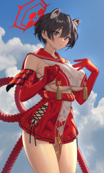 Rule 34 | 1girl, animal ears, armor, bare shoulders, black hair, blue archive, blue sky, blush, breast curtain, breasts, closed mouth, cloud, cloudy sky, day, elbow gloves, gloves, grey eyes, highres, japanese clothes, kurt bestor, large breasts, looking at viewer, outdoors, pleated skirt, red gloves, revealing clothes, rope, sailor collar, shiny skin, short hair, simple background, skirt, sky, sleeveless, solo, teardrop, tears, thighs, tsubaki (blue archive)