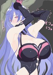 Rule 34 | 1girl, absurdres, armpits, arms up, blue hair, blush, breasts, choujigen game neptune, cleavage, collarbone, cowboy shot, dominatrix, gloves, grey background, highres, huge breasts, ill (0022), iris heart, jewelry, kami jigen game neptune v, leotard, long hair, looking at viewer, neptune (series), pendant, power symbol, power symbol-shaped pupils, pururut, red eyes, simple background, solo, sweat, symbol-shaped pupils, thighs