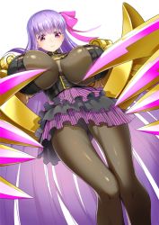 Rule 34 | 10s, 1girl, bare shoulders, belt, black pantyhose, breasts, collar, fate/extra, fate/extra ccc, fate/grand order, fate (series), female focus, gauntlets, hair ornament, hair ribbon, highres, huge breasts, long hair, miniskirt, panties, pantyhose, pantyshot, passionlip (fate), purple eyes, purple hair, ribbon, sagging breasts, saruchitan, simple background, skirt, solo, standing, underwear, very long hair, weapon, white background