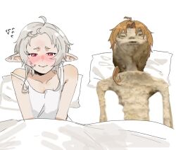 Rule 34 | 1boy, 1girl, blanket, blonde hair, blush, chibireviews, commentary, couple, dress, english commentary, exhausted, guy tired after sex (meme), looking down, lying, meme, mexico ufo alien bodies hearing (meme), mushoku tensei, on bed, pillow, pointy ears, red eyes, rudeus greyrat, sitting, sleeveless, sleeveless dress, sylphiette (mushoku tensei), under covers, white dress