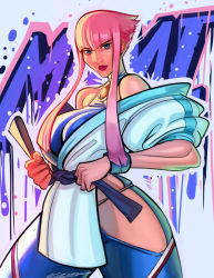 Rule 34 | 1girl, 2022, adjusting belt, belt, black belt, blue choker, blue eyes, blue pants, breasts, calvin sims, capcom, character name, choker, commentary, dougi, english commentary, halterneck, highres, hip vent, large breasts, lipstick, looking at viewer, makeup, manon legrand, martial arts, martial arts belt, off shoulder, pants, pink hair, purple lips, short hair with long locks, signature, solo, street fighter, street fighter 6, thick thighs, thighs