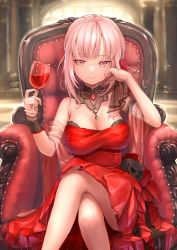 Rule 34 | 1girl, bare arms, blunt bangs, blurry, blurry background, breasts, chair, choker, cleavage, closed mouth, commentary, crossed legs, cup, dress, english commentary, eyelashes, flower, gem, hair flower, hair ornament, highres, holding, holding cup, hololive, hololive english, large breasts, long hair, looking at viewer, mitsuru (pixiv 34028718), mixed-language commentary, mori calliope, mori calliope (party dress), pink eyes, pink hair, red dress, red flower, red gemstone, red rose, rose, sash, sitting, skull, smile, solo, strapless, strapless dress, virtual youtuber