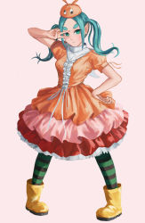 Rule 34 | 1girl, absurdres, black pantyhose, blue hair, boots, closed mouth, commentary, dress, full body, green eyes, green pantyhose, hand on own hip, hand up, highres, legs apart, long hair, looking at viewer, monogatari (series), nemo ringo, ononoki yotsugi, orange dress, orange headwear, pantyhose, pink background, pink skirt, puffy short sleeves, puffy sleeves, red skirt, rubber boots, short sleeves, simple background, skirt, solo, striped clothes, striped pantyhose, thick eyebrows, twintails, v over eye, yellow footwear