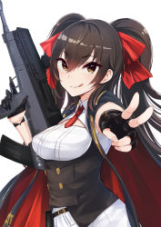 Rule 34 | 1girl, :p, assault rifle, asymmetrical gloves, black hair, brown eyes, bullpup, fingerless gloves, girls&#039; frontline, gloves, gun, hair between eyes, highres, long hair, looking at viewer, mappaninatta, mismatched gloves, outstretched arm, qbz-97, rifle, single fingerless glove, smile, solo, tongue, tongue out, trigger discipline, type 97 (girls&#039; frontline), v, weapon, white background