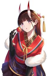Rule 34 | 1girl, absurdres, azur lane, black gloves, black skirt, blunt bangs, blush, breasts, brown hair, candy apple, chinese commentary, commentary, cowboy shot, english commentary, flower, food, fur scarf, gloves, hair flower, hair ornament, hair stick, hairclip, highres, holding, holding food, horns, japanese clothes, kimono, kojo (0124), long hair, looking at viewer, medium breasts, miniskirt, mixed-language commentary, noshiro (azur lane), noshiro (uncharted festival grounds?) (azur lane), official alternate costume, oni horns, open mouth, pleated skirt, purple eyes, red kimono, saliva, saliva trail, simple background, skirt, solo, tassel, tongue, tongue out, white background