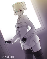 Rule 34 | 1girl, absurdres, ass, black bra, blonde hair, blouse, bra, breasts, character request, collared shirt, copyright request, exonessis, garter belt, garter straps, glasses, gloves, greyscale, highres, indoors, lingerie, long sleeves, monochrome, purple eyes, see-through, see-through shirt, shirt, short hair, short twintails, sidelocks, sketch, small breasts, solo, spot color, thick thighs, thighhighs, thighs, twintails, underwear, white shirt, window