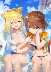 Rule 34 | 2girls, absurdres, animal ears, beach, bikini, blonde hair, blue eyes, blue sky, breasts, brown hair, cat ears, cat tail, cleavage, closed eyes, cloud, day, feeding, food, hair between eyes, hand on own cheek, hand on own face, hatsuga (dmaigmai), highres, huge filesize, medium breasts, midriff, multiple girls, navel, ocean, open mouth, original, sand, shaved ice, short hair, side-tie bikini bottom, sitting, sky, small breasts, sparkle, striped bikini, striped clothes, swimsuit, tail