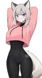 Rule 34 | 1girl, abs, animal ear fluff, animal ears, animal nose, arms up, blush, colored skin, eyelashes, grey hair, grey skin, highres, jeifier (korfiorano01), looking at viewer, navel, open mouth, original, pink hood, pink shirt, purple eyes, shirt, simple background, snout, solo, tail, teeth, thighs, upper teeth only