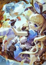 Rule 34 | absurdres, alice in wonderland, blonde hair, blue dress, brown dust 2, card, cup, dress, food, fork, frilled dress, frills, fruit, glacia (brown dust), gloves, hair ribbon, highres, holding, leggings, long hair, one eye closed, ribbon, soraemon, spilling, strawberry, teacup, tongue, tongue out, very long hair