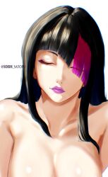 1girl alternate_hairstyle artist_name black_hair breasts cleavage closed_eyes commentary_request diagonal_bangs eyelashes han_juri highres incoming_kiss large_breasts long_hair multicolored_hair pink_hair pink_lips satopuu simple_background solo streaked_hair street_fighter street_fighter_6 twitter_username two-tone_hair upper_body white_background