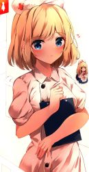 Rule 34 | 1girl, alice margatroid, alternate costume, arm up, bad id, bad pixiv id, blonde hair, blue eyes, breasts, buttons, chibi, chibi inset, clipboard, dress, facing viewer, hat, highres, holding, looking at viewer, medium breasts, nurse, nurse cap, pout, shangurira, short hair, short sleeves, simple background, solo, touhou, upper body, white background