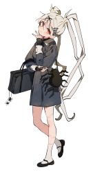 Rule 34 | 1girl, absurdres, bag, black bag, black footwear, black shirt, black skirt, bug, buttons, cuffs, full body, hair ornament, hand on own elbow, handbag, head tilt, heel up, highres, long hair, long sleeves, looking at viewer, mary janes, mormormorp, nail polish, original, red eyes, red nails, shirt, shoes, simple background, skirt, socks, solo, spider, standing, stitched leg, stitches, tachi-e, twintails, white background, white hair, white socks, wrist cuffs