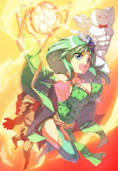 Rule 34 | 1990s (style), 1girl, armpits, bad id, bad pixiv id, blue eyes, boots, breasts, cleavage, detached sleeves, final fantasy, final fantasy iv, green footwear, green hair, highres, ifrit (final fantasy), large breasts, long hair, monster, muscular, aged up, rydia (ff4), sunset, takeda kanryuusai, thighhighs, whyt