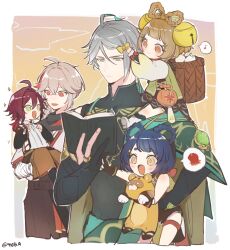 Rule 34 | 2girls, 3boys, aged down, alhaitham (genshin impact), armor, bad id, bad twitter id, basket, black gloves, blue hair, book, bow, bow-shaped hair, brown hair, carrying, crossed bangs, dress, genshin impact, gloves, green eyes, grey hair, guoba (genshin impact), hair bow, hair ribbon, highres, holding, holding book, japanese armor, japanese clothes, k90108119, kaedehara kazuha, kote, kurokote, long sleeves, multiple boys, multiple girls, open mouth, partially fingerless gloves, red eyes, red hair, ribbon, shikanoin heizou, shoulder carry, simple background, smile, twitter username, xiangling (genshin impact), yaoyao (genshin impact), yellow bow