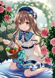 Rule 34 | 1girl, apple, basket, beret, blue bow, blue footwear, blue hat, bow, breasts, brooch, brown eyes, brown hair, cleavage, closed mouth, commentary request, dress, flower, food, frills, fruit, green apple, hair between eyes, hat, high heels, highres, jewelry, long hair, looking at viewer, original, plaid, red apple, red flower, red rose, rose, shallow water, shoe soles, shoes, sitting, small breasts, smile, solo, very long hair, wariza, water, white dress, white flower, white rose, yuusa