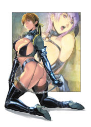 Rule 34 | 2girls, ass, ayane (doa), bare shoulders, bikini, bikini top only, black legwear, blush, bondage outfit, boots, breasts, brown eyes, brown hair, chain, cleavage, collar, covered erect nipples, curvy, dead or alive, earrings, elbow gloves, feet, garter straps, gloves, hair ribbon, headband, high heels, highres, homare (fool&#039;s art), jewelry, kasumi (doa), kneeling, large breasts, leather, legs, long hair, looking at viewer, multiple girls, open mouth, parted lips, pink eyes, ponytail, purple hair, red eyes, ribbon, short hair, siblings, sisters, stud earrings, swimsuit, thigh boots, thighhighs, thighs, white background