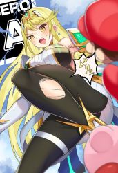 Rule 34 | 1boy, 1girl, ass, bare shoulders, black pantyhose, blonde hair, blue overalls, blush, breasts, cero, dress, earrings, elbow gloves, facial hair, gloves, hat, headpiece, highres, jewelry, katwo, kirby, kirby (series), large breasts, legs, long hair, mario, mario (series), multiple boys, mustache, mythra (massive melee) (xenoblade), mythra (xenoblade), nintendo, overalls, pantyhose, red headwear, short dress, super smash bros., swept bangs, thighs, tiara, torn clothes, torn legwear, tsundere, upskirt, very long hair, white dress, white gloves, xenoblade chronicles (series), xenoblade chronicles 2, yellow eyes