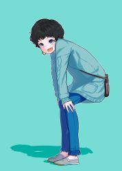 Rule 34 | 1girl, aqua background, aqua sweater, bag, black bag, black hair, blue pants, blush, earrings, full body, highres, jewelry, miyoshi yoshimi, open mouth, original, outline, pants, short hair, shoulder bag, simple background, sleeves past wrists, smile, solo, standing, sweater, white outline