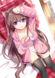 Rule 34 | 1girl, :p, animal ear fluff, animal ears, arm up, black thighhighs, breasts, brown hair, cat ears, cat girl, cat tail, cleavage, closed mouth, collarbone, commentary request, drawstring, dutch angle, frilled pillow, frills, hair between eyes, hand up, hood, hood down, hooded jacket, jacket, long hair, long sleeves, looking at viewer, lying, medium breasts, on back, original, panties, pillow, pink jacket, plaid pillow, puffy long sleeves, puffy sleeves, purple eyes, revision, romaji commentary, sleeves past wrists, smile, solo, tail, thighhighs, tongue, tongue out, tukino neru, underwear, very long hair, white panties