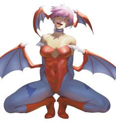 Rule 34 | 1girl, animal print, arms behind back, bare shoulders, bat print, bat wings, blue pantyhose, boots, breasts, bridal gauntlets, collar, commentary, covered navel, demon girl, diamond cutout, english commentary, fangs, head wings, highleg, highleg leotard, highres, knee boots, leotard, lilith aensland, looking at viewer, low wings, multiple girls, pantyhose, pokoporoko, print pantyhose, purple hair, red eyes, red leotard, short hair, smile, solo, spread legs, squatting, thighs, tiptoes, tongue, tongue out, vampire (game), white background, wings