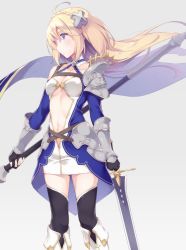 Rule 34 | 1girl, ahoge, bare shoulders, black gloves, black thighhighs, blonde hair, blue dress, blue eyes, blush, boots, braid, breasts, center opening, character cutout, collar, collarbone, commentary request, dress, fantasy, fingerless gloves, gauntlets, gloves, hair ornament, holding, holding sword, holding weapon, itoichi., long hair, looking to the side, medium breasts, navel, original, solo, sword, thighhighs, underboob, weapon