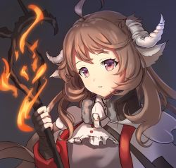 Rule 34 | 1girl, ahoge, animal ears, arknights, brown hair, chagara, commentary, eyjafjalla (arknights), fire, grey background, head tilt, holding, holding staff, horns, long hair, originium arts (arknights), parted lips, pink eyes, sheep ears, sheep horns, simple background, solo, staff, upper body