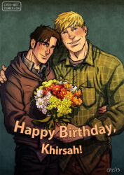 Rule 34 | 2boys, bad id, bad tumblr id, bara, black hair, blonde hair, bouquet, collared shirt, couple, cris art, facial hair, feet out of frame, flower, gift art, green shirt, hand on another&#039;s waist, head on another&#039;s shoulder, holding, holding bouquet, hood, hood down, hulkling, long sideburns, looking at viewer, male focus, marvel, multiple boys, shirt, short hair, sideburns, sideburns stubble, smile, standing, stubble, thick eyebrows, wiccan, yaoi