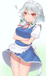 Rule 34 | 1girl, ?, absurdres, apron, back bow, blue dress, blush, bow, bowtie, braid, breasts, closed mouth, collared shirt, crossed arms, dress, frills, gradient background, green background, green bow, grey bow, grey hair, hair between eyes, hair bow, harunoha, highres, izayoi sakuya, large breasts, looking away, maid, maid headdress, panties, pantyshot, pink panties, puffy short sleeves, puffy sleeves, red bow, red bowtie, red eyes, shirt, short hair, short sleeves, smile, solo, standing, thigh strap, touhou, twin braids, underwear, white apron, white background, white shirt