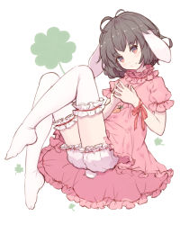 Rule 34 | 1girl, ahoge, animal ears, black hair, bloomers, blush, carrot, carrot necklace, clover, dress, four-leaf clover, highres, inaba tewi, jewelry, looking at viewer, necklace, no shoes, pendant, pink dress, rabbit ears, rabbit girl, rabbit tail, red eyes, red ribbon, ribbon, shone, short hair, short sleeves, simple background, smile, solo, tail, thighhighs, touhou, underwear, white thighhighs, wrist ribbon