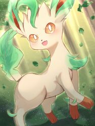 Rule 34 | brown eyes, commentary request, creatures (company), falling leaves, fangs, forest, game freak, gen 4 pokemon, highres, katsukare, leaf, leafeon, looking at viewer, nature, nintendo, no humans, open mouth, pokemon, pokemon (creature), smile, solo, sunlight, tree