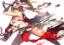 Rule 34 | 1girl, :q, akali, akali (legacy), alternate costume, blood, blood moon akali, breasts, brown eyes, brown hair, cleavage, dress, dual wielding, holding, holding weapon, league of legends, long hair, long sleeves, mask, ponytail, solo, tongue, tongue out, weapon, white background, xxinainaxx