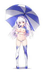 Rule 34 | 1girl, absurdres, asymmetrical legwear, blue capelet, blue panties, blue thighhighs, breasts, capelet, checkered clothes, checkered panties, collarbone, full body, highres, holding, holding umbrella, jan (janpx2012), large breasts, long hair, mismatched legwear, multi-strapped panties, multicolored clothes, multicolored legwear, multicolored panties, navel, nipples, original, panties, race queen, red eyes, simple background, solo, thighhighs, topless, two side up, umbrella, underwear, white background, white hair, white panties, white thighhighs, wristband