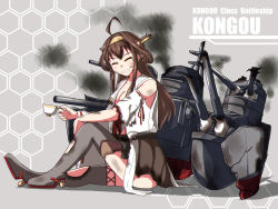 Rule 34 | 10s, 1girl, :d, ^ ^, ahoge, boots, breasts, broken, broken weapon, brown hair, bruise, character name, cleavage, cup, detached sleeves, double bun, closed eyes, grin, hairband, holding, injury, kantai collection, kongou (kancolle), long hair, looking at viewer, machinery, nontraditional miko, open mouth, pleated skirt, skirt, smile, smoke, solo, teacup, thigh boots, thighhighs, torn clothes, turret, weapon, yukimi unagi