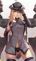 Rule 34 | 10s, 1girl, absurdres, bare shoulders, bismarck (kancolle), black gloves, black panties, blonde hair, blue eyes, breasts, cameltoe, detached sleeves, gloves, grey thighhighs, hand on own hip, hat, highres, kantai collection, long hair, long sleeves, looking at viewer, machinery, md5 mismatch, military, military hat, military uniform, nian (zhanian), no pants, panties, simple background, solo, thighhighs, thighs, underwear, uniform, very long hair