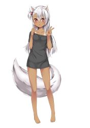 Rule 34 | 1girl, @ichigo, animal ears, barefoot, blush, candy, contrapposto, dark-skinned female, dark skin, fang, feet, food, full body, hair bobbles, hair ornament, highres, lollipop, long hair, no pants, off shoulder, open mouth, original, red eyes, silver hair, simple background, solo, standing, tail, tan, tanline, v, white background