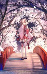 Rule 34 | 1girl, braid, bridge, cherry blossoms, full body, gradient hair, highres, hololive, horns, japanese clothes, kouhaku nawa, long hair, looking at viewer, multicolored hair, nakiri ayame, nakiri ayame (shrine maiden), oni, outdoors, pleated skirt, red hair, red skirt, rope, shimenawa, side ponytail, skin-covered horns, skirt, solo, standing, streaked hair, thighhighs, tree, virtual youtuber, white hair, white thighhighs, wide sleeves, xyunx