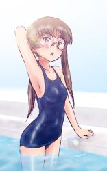 Rule 34 | 10s, 1girl, armpits, blonde hair, blush, breasts, brown eyes, girls und panzer, glasses, highres, looking at viewer, oono aya, open mouth, school swimsuit, small breasts, solo, swimsuit, twintails