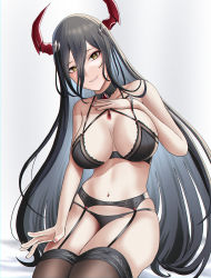 Rule 34 | 1girl, absurdres, alternate costume, azur lane, bare shoulders, black bra, black choker, black hair, black panties, black thighhighs, bra, breasts, buko (bukosuki), choker, collarbone, feet out of frame, friedrich der grosse (azur lane), garter belt, garter straps, hand on own chest, highres, horns, large breasts, lingerie, long hair, looking at viewer, mouth hold, nail polish, navel, open mouth, panties, parted lips, pink nails, sitting, smile, solo, teeth hold, thighhighs, thighs, underwear, white background, yellow eyes