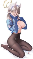 Rule 34 | 1girl, abab xiaxia, animal ears, black pantyhose, blue archive, blue sweater, blush, bra, breasts, brown hair, candy, cleavage, clothes lift, fake animal ears, food, glasses, grey-framed eyewear, hair ornament, halo, high-waist pantyhose, highres, large breasts, light brown hair, lollipop, long hair, long sleeves, looking at viewer, moe (blue archive), panties, pantyhose, pom pom (clothes), pom pom hair ornament, rabbit ears, round eyewear, seiza, sitting, solo, sweater, sweater lift, twintails, underwear, white background, white bra, white panties, yellow eyes