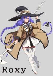 Rule 34 | 1girl, absurdres, black ribbon, blue eyes, blue hair, boots, braid, brown coat, capelet, character name, closed mouth, coat, crystal, dot mouth, flat chest, full body, grey background, hair ribbon, hand on headwear, hat, highres, holding, holding staff, jacket, long bangs, long hair, looking at viewer, mage staff, mushoku tensei, nagame teru, ribbon, roxy migurdia, simple background, solo, staff, thigh boots, twin braids, very long hair, white capelet, white footwear, white jacket, witch hat