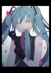 Rule 34 | absurdres, adjusting clothes, adjusting gloves, aqua eyes, aqua hair, biting, biting clothes, gloves, hatsune miku, highres, mouth hold, necktie, necktie in mouth, nibxxx, sleeveless, solo, teeth hold, twintails, vocaloid