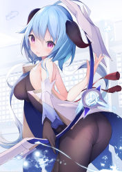 Rule 34 | 1girl, artist request, ass, bare shoulders, blue hair, blush, bodysuit, breasts, cowbell, detached sleeves, from behind, ganyu (genshin impact), genshin impact, gloves, highres, horns, large breasts, leaning, leaning forward, long hair, looking at viewer, looking back, low ponytail, panties, panties under pantyhose, pantyhose, ponytail, purple eyes, sideboob, smile, solo, tongue, tongue out, underwear, very long hair
