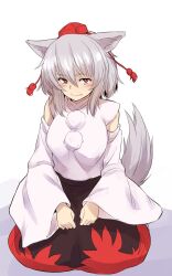 Rule 34 | 1girl, animal ears, black skirt, blush, breasts, closed mouth, commentary, detached sleeves, fang, full body, grey hair, hat, highres, inubashiri momiji, kakone, large breasts, looking at viewer, one-hour drawing challenge, pom pom (clothes), red eyes, red skirt, shirt, short hair, simple background, skirt, smile, solo, tail, tokin hat, touhou, two-tone skirt, white background, white shirt, wide sleeves, wolf ears, wolf girl, wolf tail