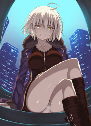 Rule 34 | 1girl, :d, ahoge, arm at side, black dress, black footwear, blonde hair, blue jacket, blue sky, boots, breasts, building, cityscape, collarbone, crossed legs, dress, fate/grand order, fate (series), feet out of frame, fisheye, fur-trimmed jacket, fur-trimmed sleeves, fur trim, grey panties, grin, hand on own thigh, jacket, jeanne d&#039;arc (fate), jeanne d&#039;arc alter (fate), jeanne d&#039;arc alter (ver. shinjuku 1999) (fate), jewelry, knee boots, large breasts, long hair, long sleeves, looking at viewer, necklace, official alternate costume, ohta yuichi, open clothes, open jacket, open mouth, panties, pantyshot, pendant, shiny skin, short dress, short hair, sitting, sky, smile, solo, teeth, thighs, underwear, upskirt, window, yellow eyes