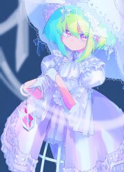 Rule 34 | 1boy, ascot, blue background, blue gemstone, colored eyelashes, crossdressing, dress, fire, frilled dress, frilled sleeves, frills, gem, gloves, green hair, half gloves, highres, holding, holding umbrella, juliet sleeves, lace trim, lantern, lio fotia, lolita fashion, long sleeves, looking at viewer, male focus, parasol, pink fire, promare, puffy sleeves, purple eyes, ribbon, short hair, sidelocks, simple background, solo, trap, umbrella, white ascot, white dress, white gloves, white ribbon, white umbrella, yzyz630