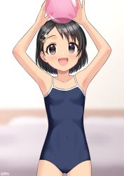 Rule 34 | 1girl, :d, armpits, arms up, ball, bare shoulders, black eyes, black hair, blue one-piece swimsuit, blurry, blurry background, blush, breasts, collarbone, commentary, covered navel, cowboy shot, dot nose, hair ornament, hairclip, highres, holding, holding ball, idolmaster, idolmaster cinderella girls, idolmaster cinderella girls starlight stage, looking at viewer, one-piece swimsuit, open mouth, rabbit hair ornament, sasaki chie, school swimsuit, short hair, signature, small breasts, smile, solo, standing, swimsuit, wgm oekaki