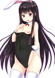Rule 34 | 1girl, animal ears, black hair, breasts, cameltoe, ebi 193, highleg, highleg leotard, hime cut, houraisan kaguya, leotard, leotard pull, long hair, looking at viewer, nipples, open mouth, playboy bunny, rabbit ears, rabbit tail, red eyes, small breasts, solo, tail, thighhighs, touhou, very long hair, white thighhighs