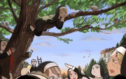 Rule 34 | 1boy, 6+girls, :&lt;, animal, animal on back, animal on head, arms up, barn owl, beard, bird, black footwear, blonde hair, blue eyes, brown eyes, brown hair, building, cat, climbing tree, cloud, cloudy sky, clumsy nun (diva), commentary, crying, crying with eyes open, day, diva (hyxpk), duck, dutch angle, english commentary, facial hair, father (diva), flower, flying, frog, froggy nun (diva), glasses, glasses nun (diva), habit, hair flower, hair ornament, hairclip, hand on another&#039;s arm, highres, holding, holding on, holding umbrella, hungry nun (diva), in tree, ladder, little nuns (diva), loafers, lower teeth only, mole, mole under eye, multiple girls, nervous sweating, nun, on head, on roof, open mouth, original, outdoors, outstretched arms, owl, pigeon, poop, priest, red eyes, red hair, red umbrella, rooftop, round eyewear, scared, sheep nun (diva), shoes, sky, spicy nun (diva), spread arms, strict nun (diva), sunglasses, sunset, sweat, tears, teeth, traditional nun, tree, umbrella, window, yellow eyes